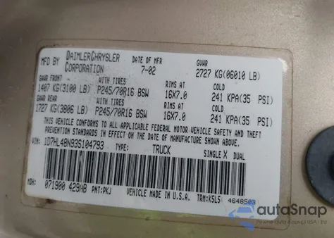 2003 Dodge Dakota Slt из США, поврежденный, VIN 1D7HL48N93S104793